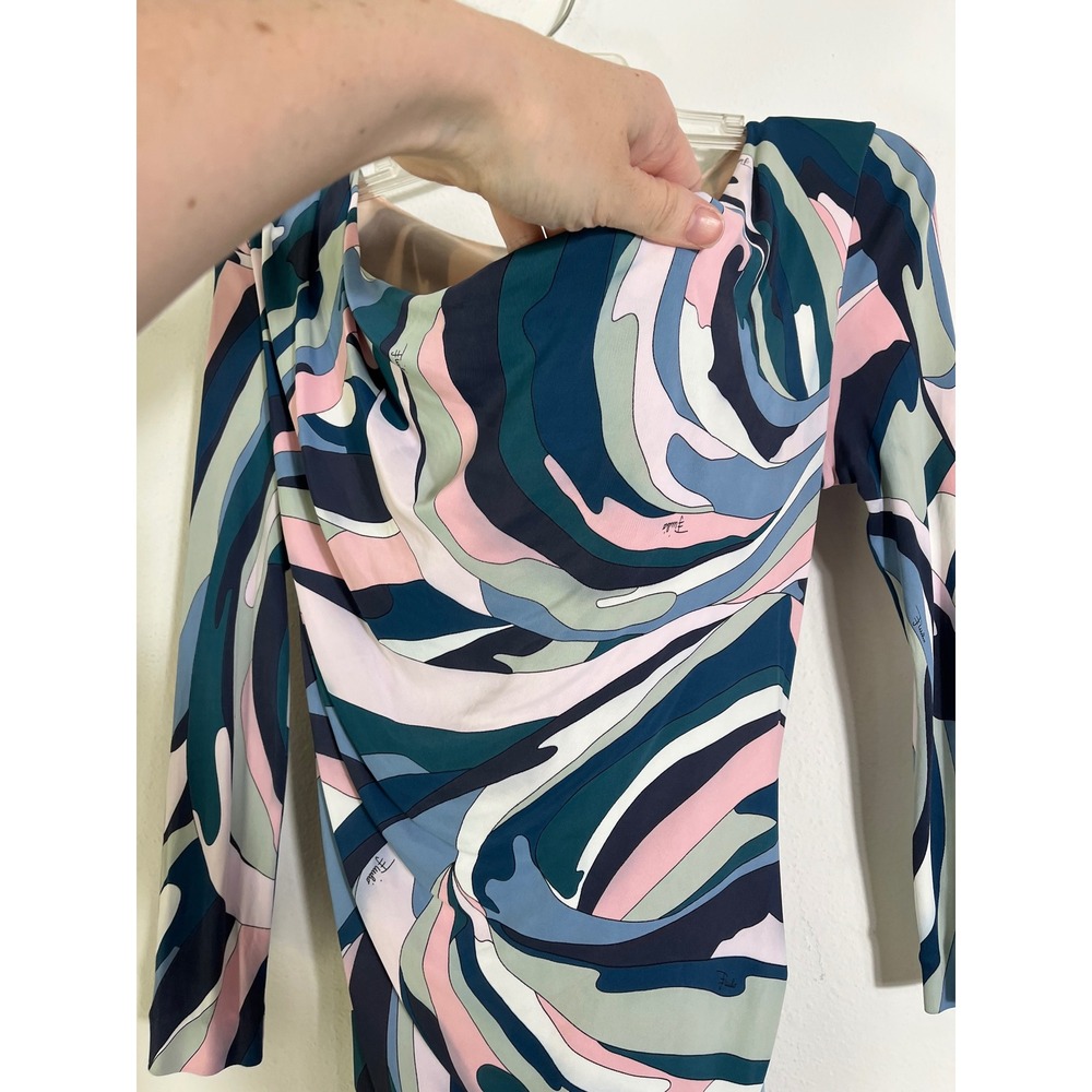 EMILIO PUCCI Draped Cowl Neck Ruched Abstract Print Long Sleeve Dress - Picture 9 of 16
